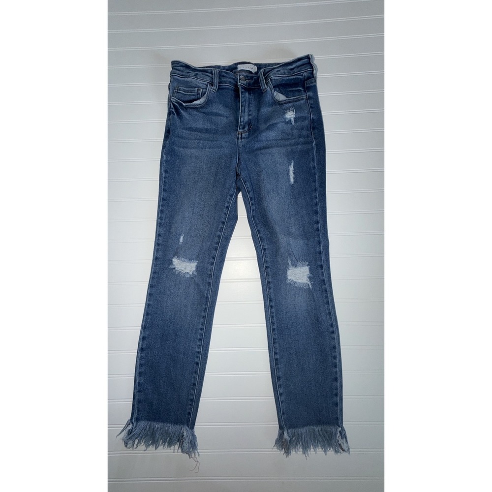 Cello Womens High Rise Distressed Skinny Jeans Frayed Fringe Hem Blue Size 11